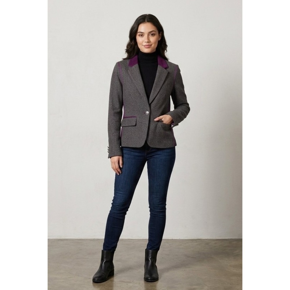 Juicy Couture Wool Blazer Jacket Small Grey Houndstooth Purple Trim Y2K Preppy